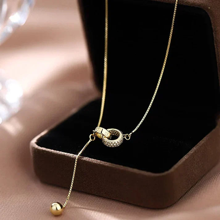 Sparkling Double Ring Necklace with Cubic Zirconia, Elegantly Adjustable