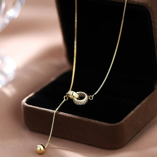 Sparkling Double Ring Necklace with Cubic Zirconia, Elegantly Adjustable