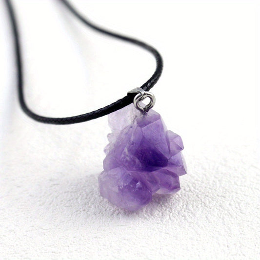 Raw Natural Amethyst Crystal Pendant Necklace with Leather Cord
