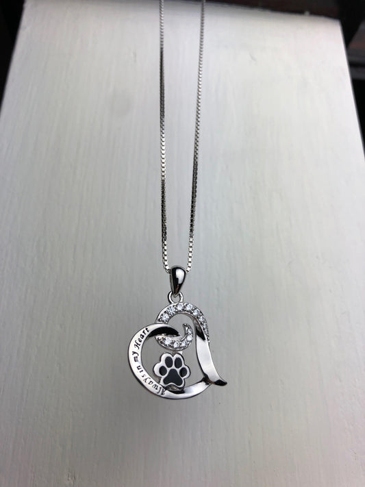 Heart-Shaped Pet Memorial Necklace with Paw Print and Sparkling Cubic Zirconia