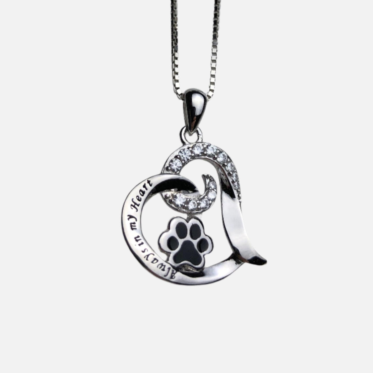 Heart-Shaped Pet Memorial Necklace with Paw Print and Sparkling Cubic Zirconia