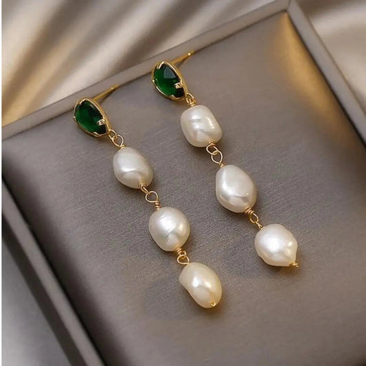 Elegant Green Earrings with Teardrop Freshwater Pearls