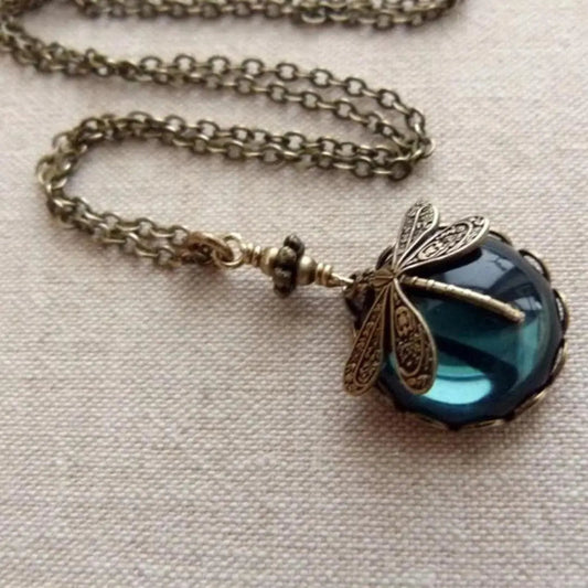 Bronze Dragonfly Necklace with Deep Blue Faceted Crystal Stone