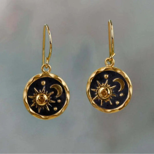 Celestial Sun and Moon Earrings with Citrine Stone