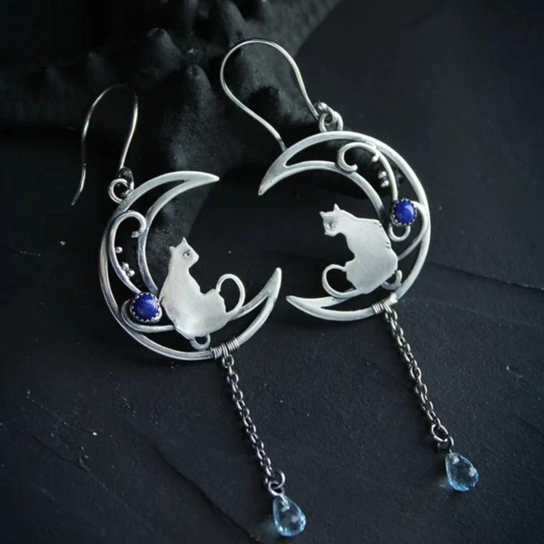 Crescent Moon Cat Earrings with Blue Zirconia Drops