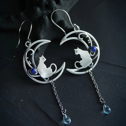 Crescent Moon Cat Earrings with Blue Zirconia Drops