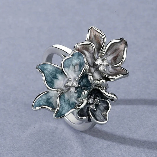 Stainless Steel Ring with Floral Enamel
