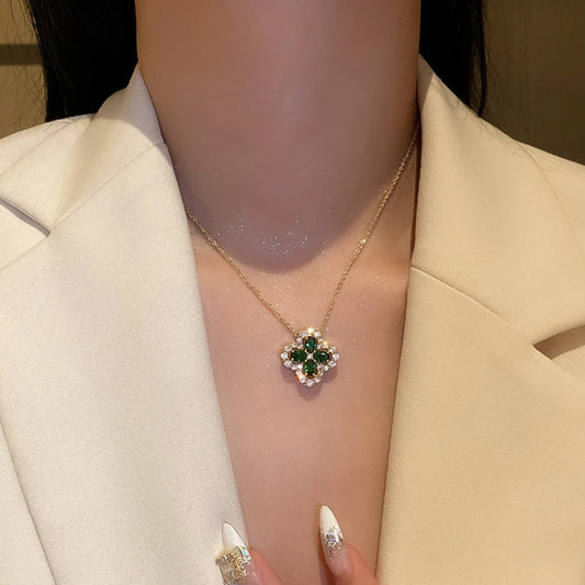 Sparkling Clover Necklace with Green Stones and Cubic Zirconia