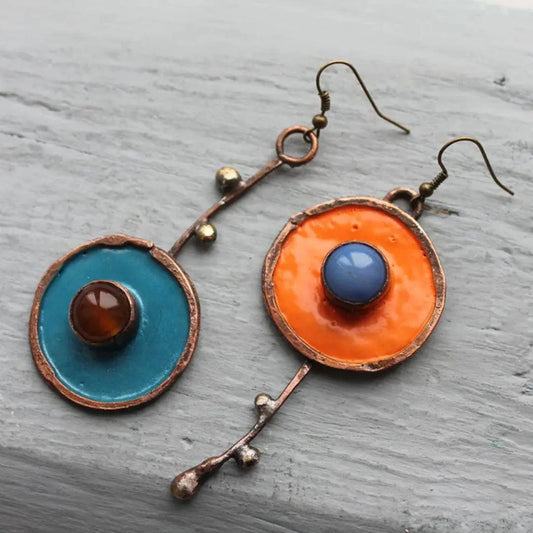 Hand-painted copper enamel earrings with natural stone detailing