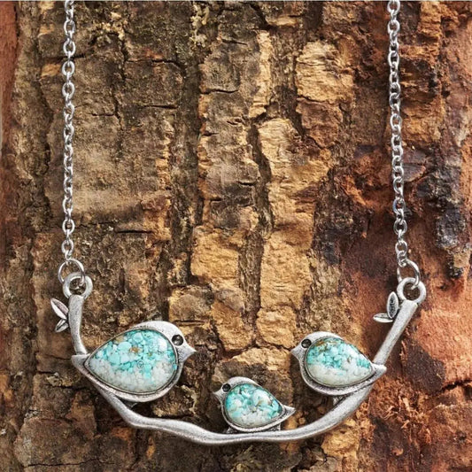 Vintage Turquoise Bird Family Pendant Necklace