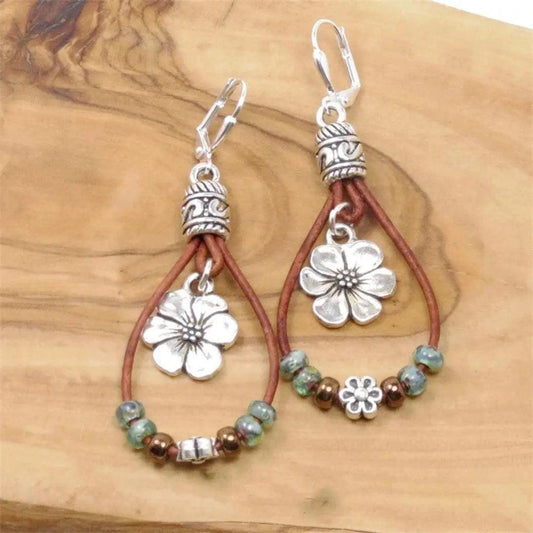 Boho Leather Dangle Earrings with Flower Charms and Beads