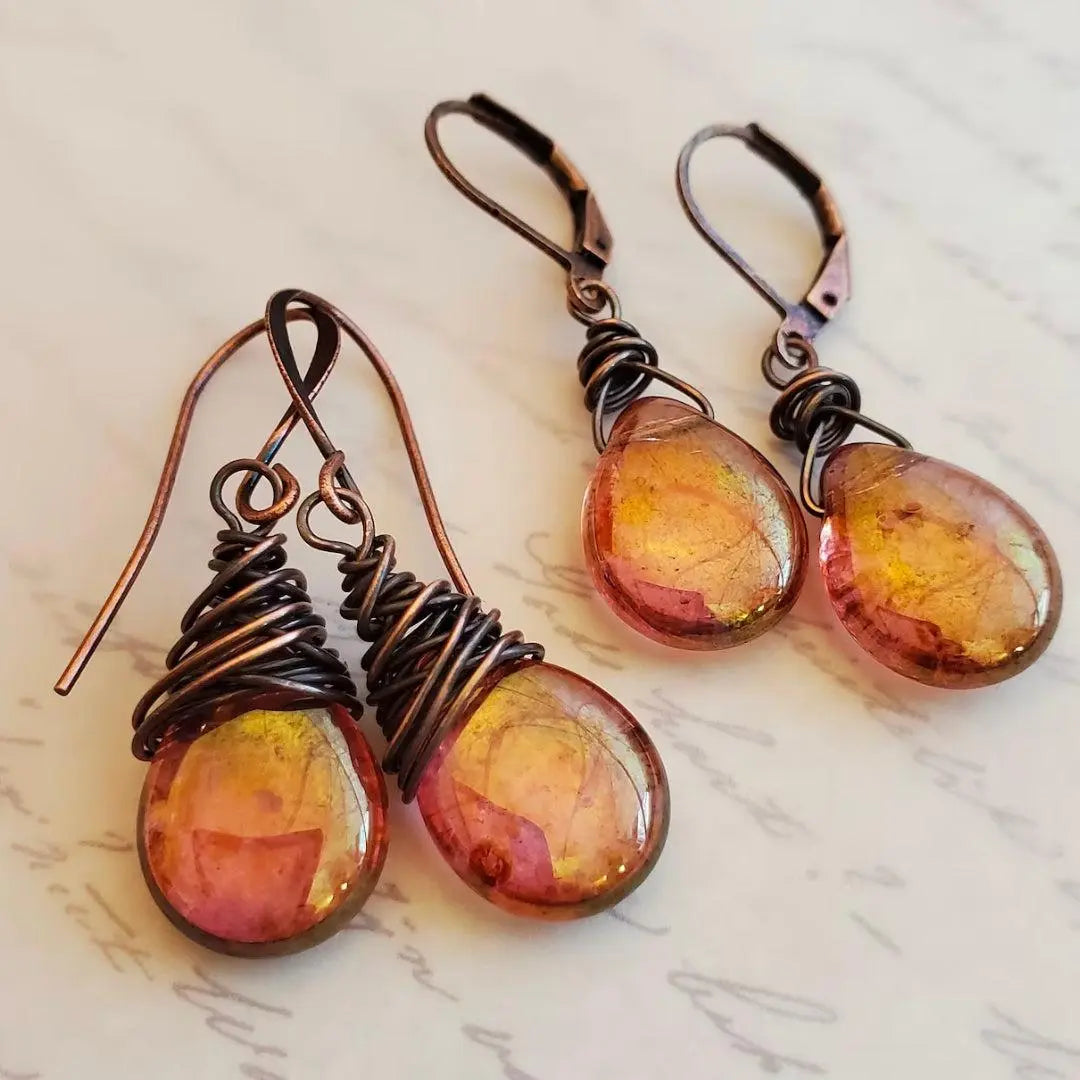 Romantic copper drop earrings with sparkling glass beads