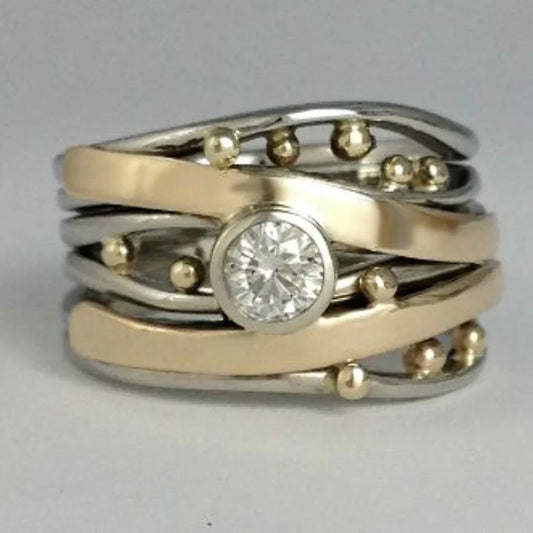 Two-Tone Vintage Stainless Steel Ring with Rub-Over Set Diamonds