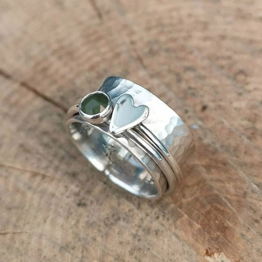 Heart Ring with Green Stone – Silver Colored