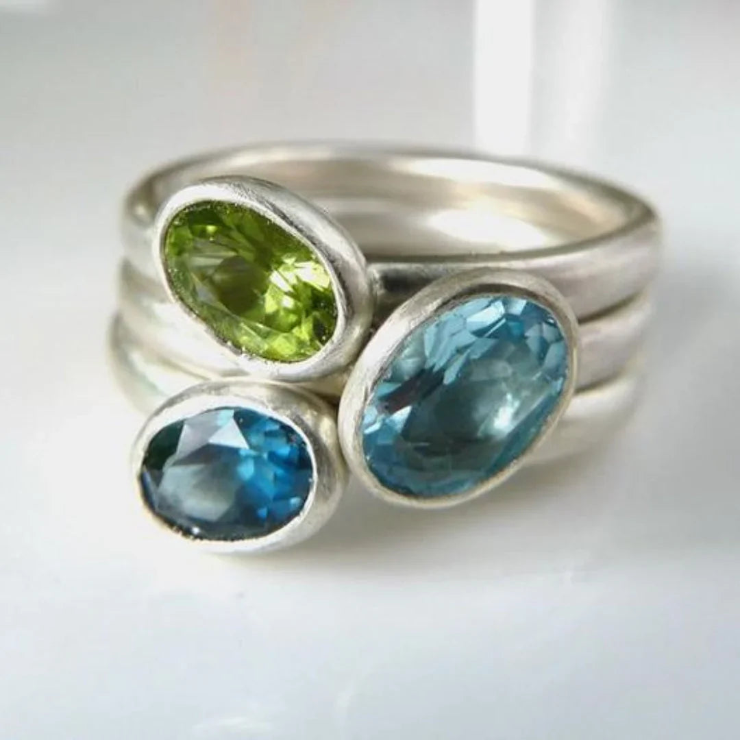 Vintage Stainless Steel Ring with Gemstones
