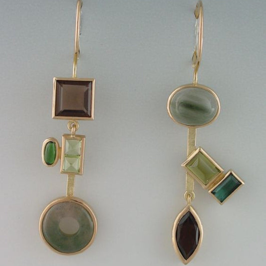 Vintage asymmetrical earrings featuring green agate and smoky quartz
