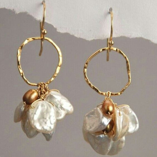 Baroque Freshwater Pearl Flower Earrings with Hammered Rings