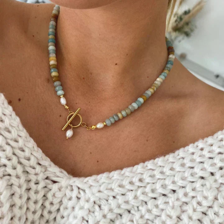 Colorful Amazonite Necklace with Freshwater Pearls and Lobster Clasp