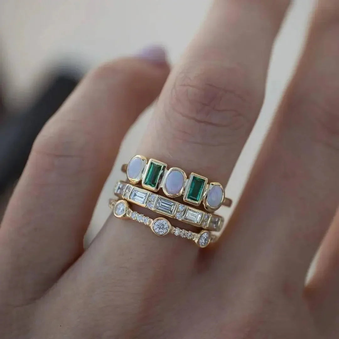 Vintage Ring with White Opals and Emeralds