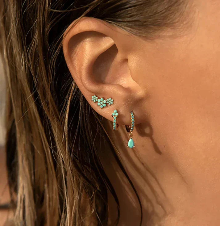 Turquoise flower earrings and hoop earrings with teardrop-shaped turquoise pendants
