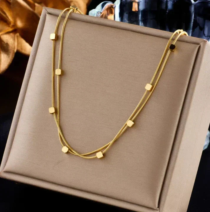 Modern Double-Row Necklace with Geometric Cube Elements