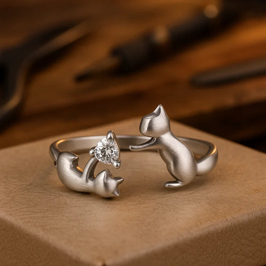 Adjustable "Playful Kittens" Ring — Silver Colored and Zirconia