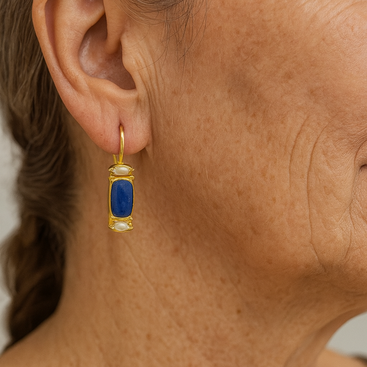 Vintage earrings with sparkling lapis lazuli and freshwater pearls