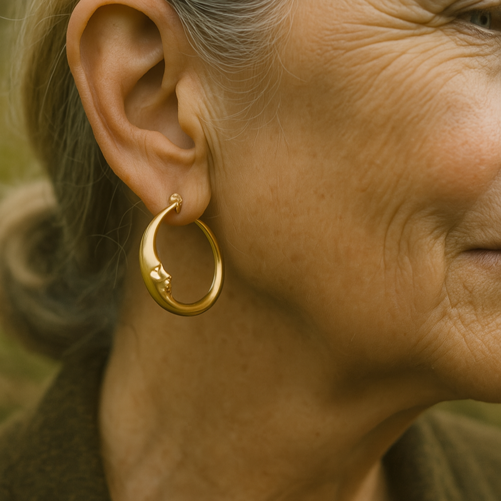 Elegant gold-coloured hoop earrings featuring an antique moon face design