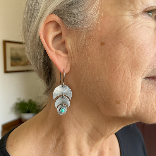 Antique Stepped Crescent Moon Earrings with Radiant Turquoise Details