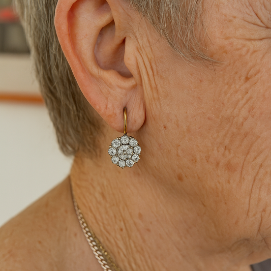 Vintage diamond flower cluster earrings with an elegant hook design