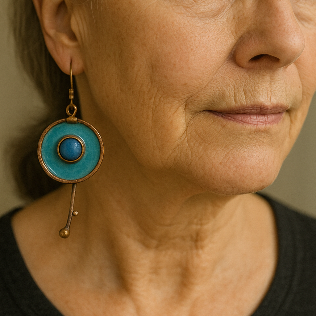 Hand-painted copper enamel earrings with natural stone detailing
