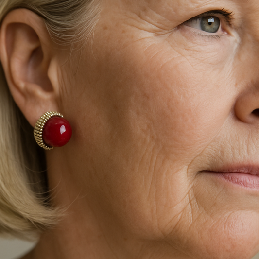 Elegant Red Cabochon Earrings with Rhinestone and Pearl Charms