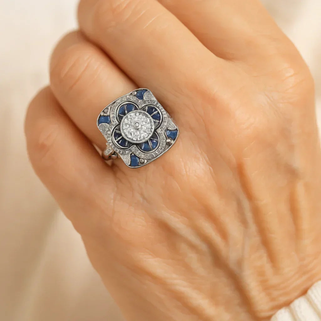 Silver Art Deco Ring with Blue Cubic Zirconia