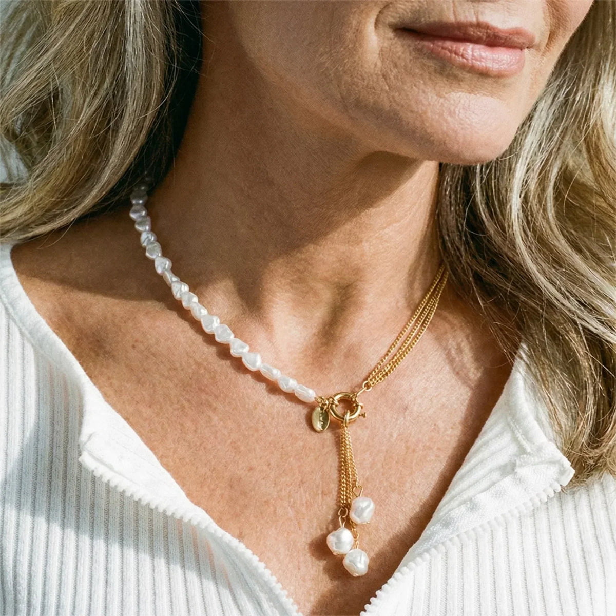 Asymmetric Pearl Necklace with Multi-Strand Chain Drops