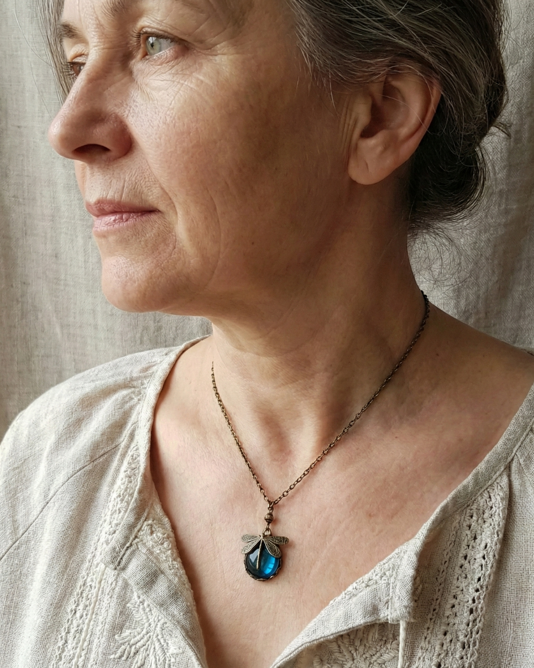 Bronze Dragonfly Necklace with Deep Blue Faceted Crystal Stone