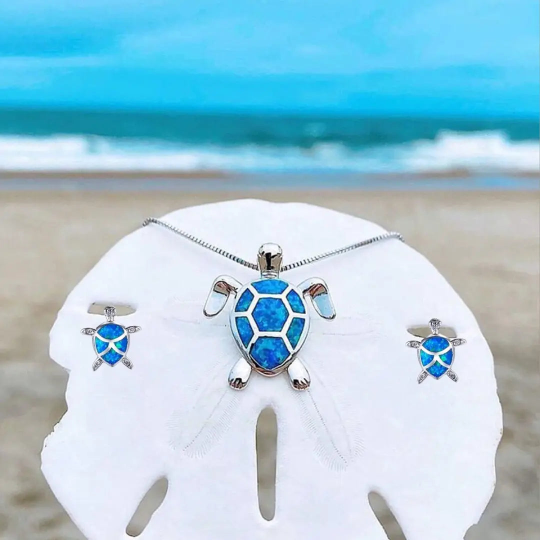 Opal Turtle Jewelry Set with Sea-Style Necklace and Earrings