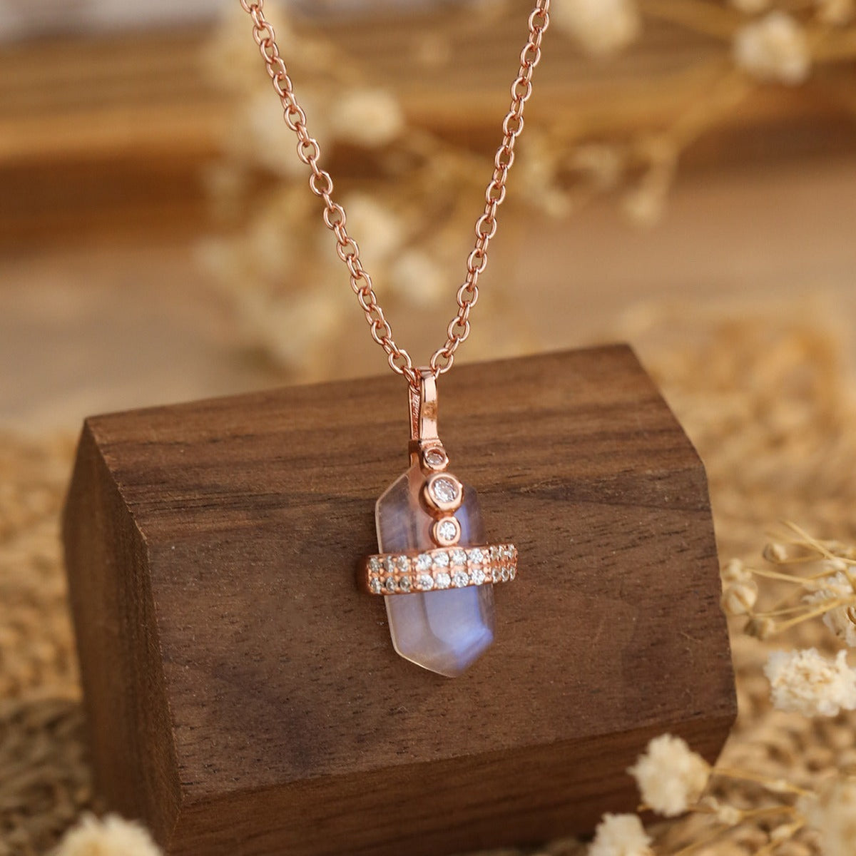 Sparkling Moonstone Necklace with Cubic Zirconia and Faceted Pendant