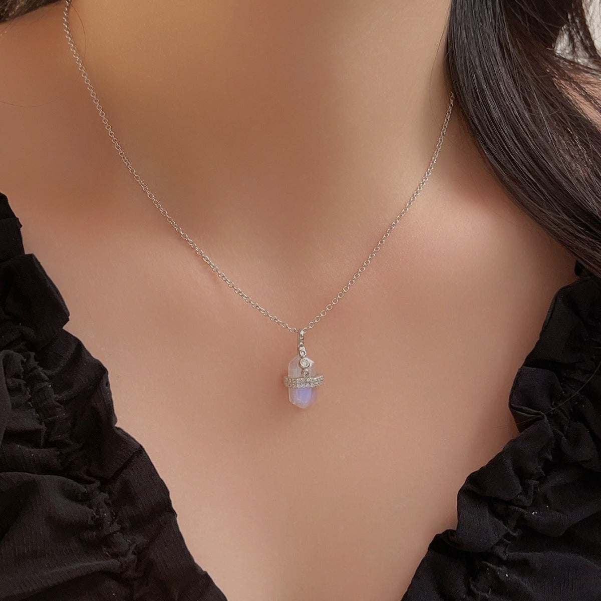 Sparkling Moonstone Necklace with Cubic Zirconia and Faceted Pendant