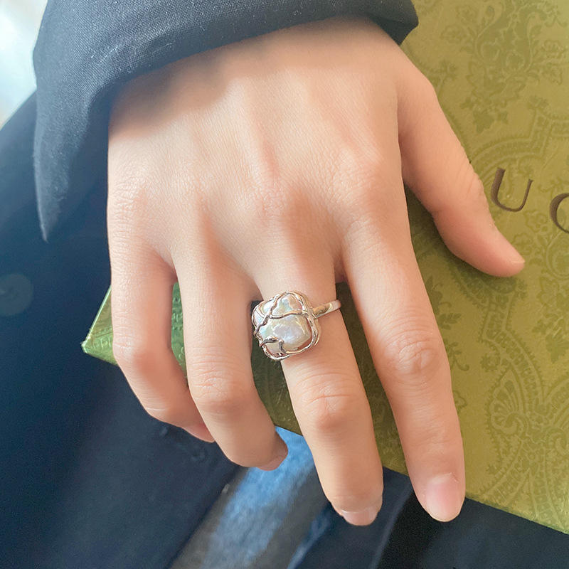 Vintage Stainless Steel Ring with Natural Pearl