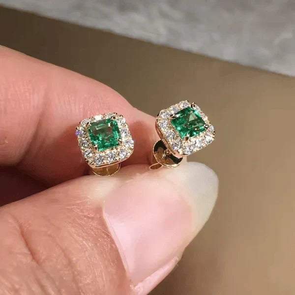Brilliant-cut square emerald earrings set with diamonds