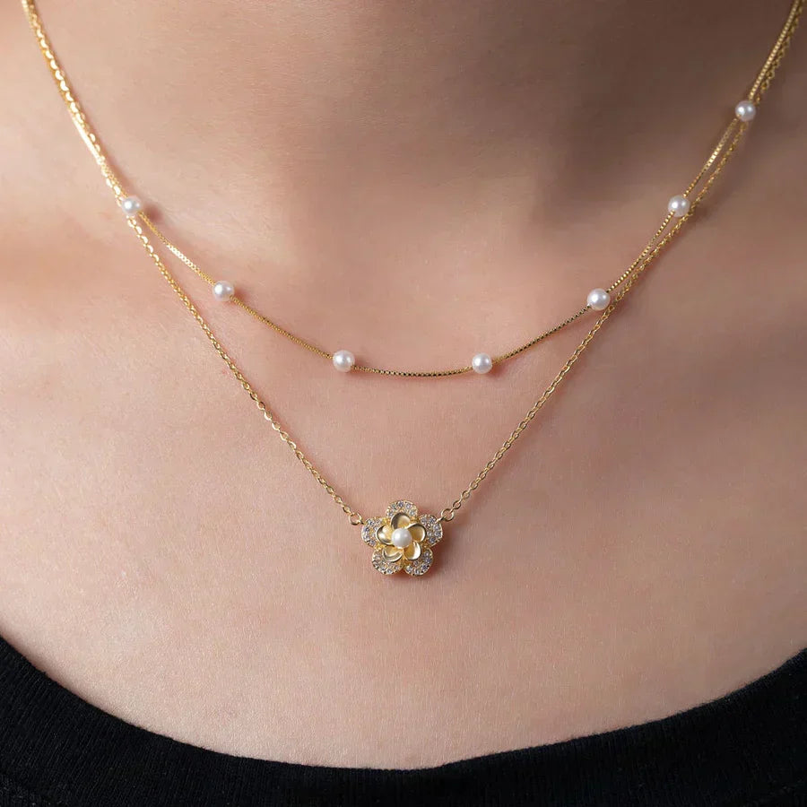 Double-Layer Flower Necklace with Pearls and Sparkling Cubic Zirconia