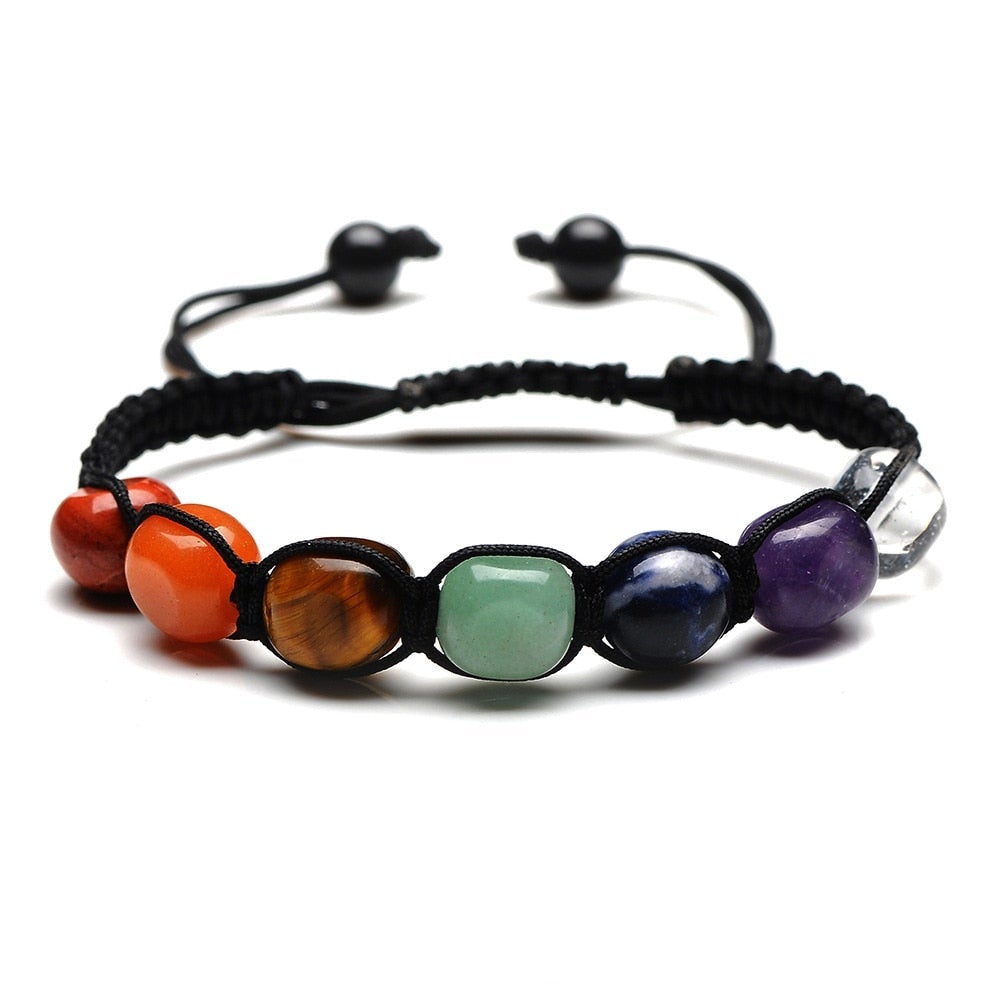 Handmade chakra bracelet with natural stones and an adjustable macramé cord