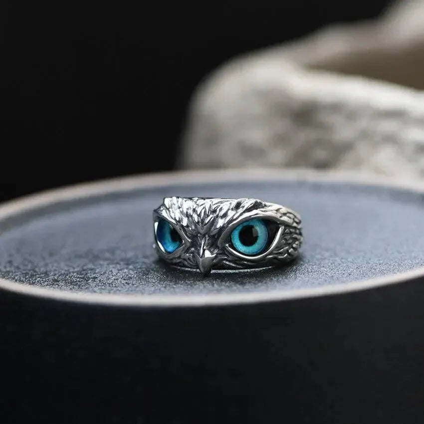 Silver Owl Ring with Blue Eyes