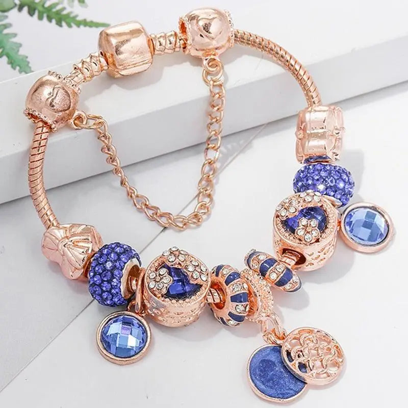Bracelet in two shades of pink with two sparkling blue crystals