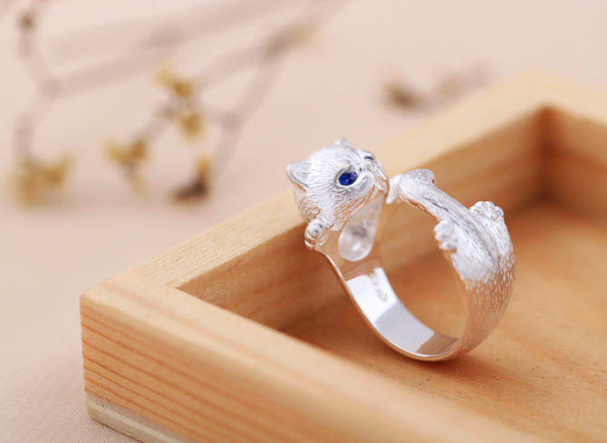 Adjustable Silver Ring with Kitten