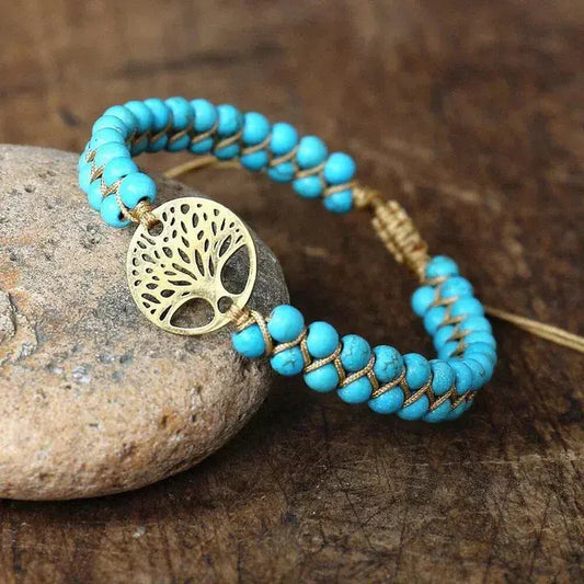 Turquoise macramé bracelet with natural stone beads and a Tree of Life pendant