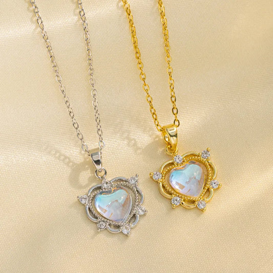 Rainbow Moonstone Heart Necklace with Cubic Zirconia Accents