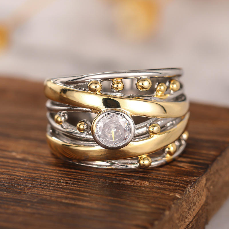 Two-Tone Vintage Stainless Steel Ring with Rub-Over Set Diamond