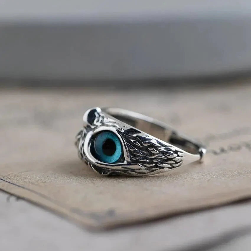Silver Owl Ring with Blue Eyes
