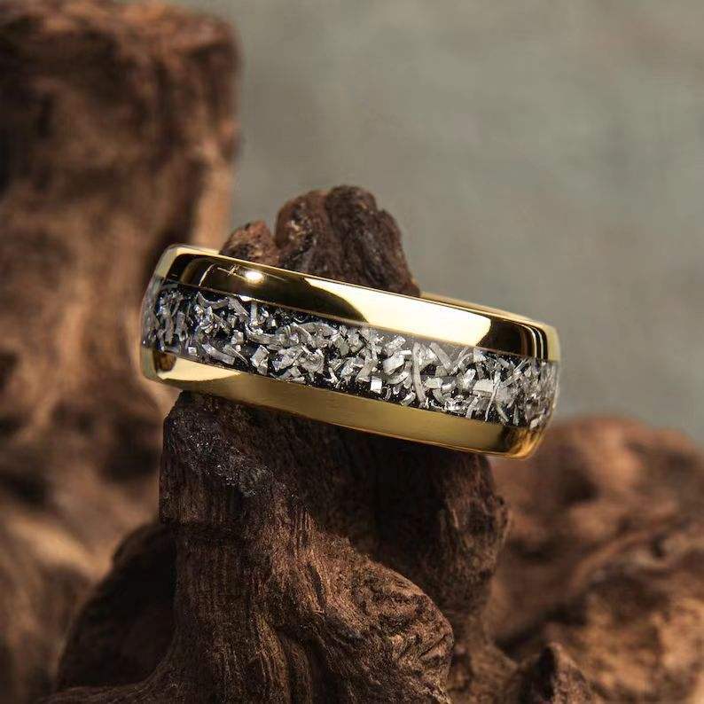 Stainless Steel Ring with Silver Foil Inlay and Gold Edges